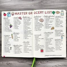 an open recipe book on a wooden table with the words master grocery list written in it