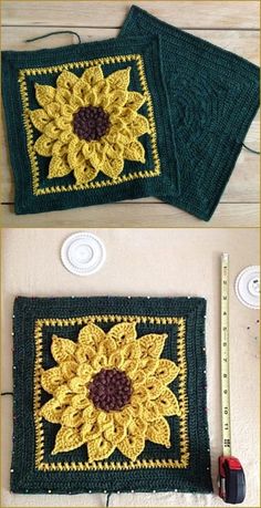 crocheted sunflower placemats are shown in three different sizes and colors