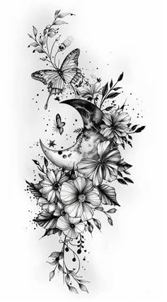 a black and white drawing of a crescent moon with butterflies on it, surrounded by flowers