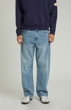 PacSun Medium Indigo Baggy Jeans | PacSun Street Wear Boys, Cool Baggy Jeans, Jeans Mens Style, Styling Baggy Jeans, Levis Jeans Men, Mens Baggy Jeans, Mens Wide Leg Jeans, Mens Straight Leg Jeans, Baggy Jeans Men