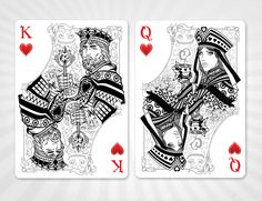 two playing cards with the king and queen in black and white, one has an image of