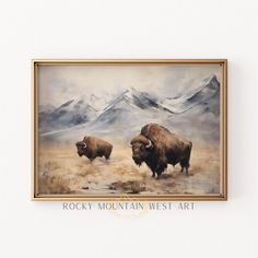 a painting of two bison standing in front of snow covered mountains with the words rocky mountain west art on it