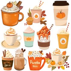 a bunch of different types of coffees and drinks on a white background with autumn leaves