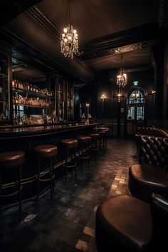 a dimly lit bar with stools and chandelier