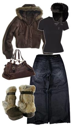 a woman's outfit with boots, jacket and handbag is shown in this image