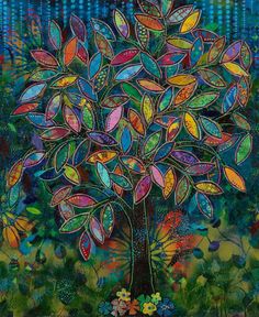 a painting of a colorful tree with lots of leaves