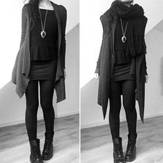 Image result for casual goth style Winter Goth, Strega Fashion, Casual Goth, Goth Outfit, Cardigan Dress, Wolf Necklace, Bat Wing, Looks Black, Necklace Long