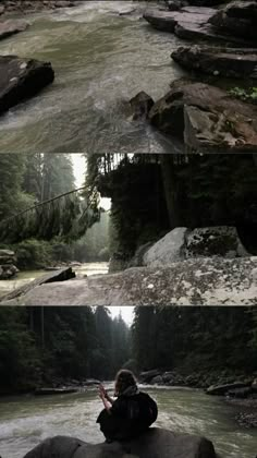 three different shots of a person sitting on rocks in the middle of a river, and one is looking at his cell phone