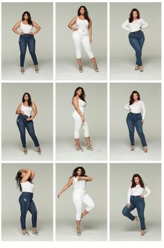 a woman in white shirt and jeans posing for pictures with her hands on her hips