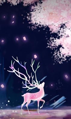 a painting of a deer standing in front of a tree with pink flowers on its antlers