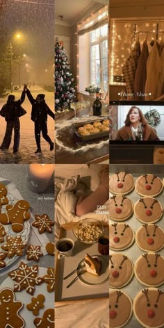 a collage of photos with gingerbread cookies and people in the snow at night