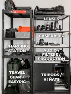 there are many items on the shelves in this room that include cameras and other equipment