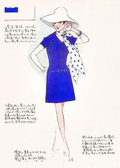 a drawing of a woman in a blue dress and hat with polka dots on it