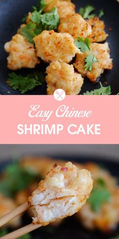 shrimp cake with chopsticks and parsley on the side, in a black plate