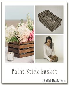 a collage of photos with flowers and vases in them, including paint stick basket