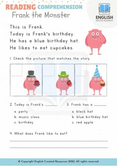 an english worksheet with pictures of pink monsters and the words reading compension frank the monster