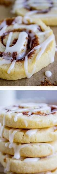 cinnamon roll cookies with icing and white chocolate drizzled on top