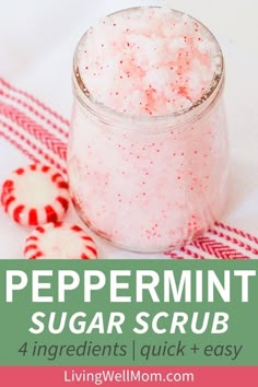 Peppermint Hand Scrub, Christmas Sugar Scrubs, Sugar Scrub Diy Peppermint, Hand Scrub Diy, Peppermint Scrub, Peppermint Sugar Scrub, Diy Body Scrub Recipes, Homemade Gift Idea