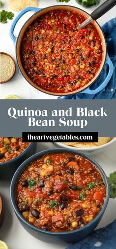 two bowls filled with quinoa and black bean soup