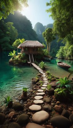 there is a small boat on the water and steps leading to a hut with a thatched roof