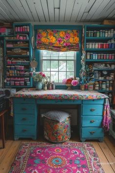 a room filled with lots of colorful furniture and decor