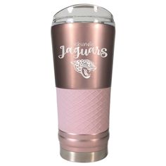 a pink and silver cup with the words cubs on it's side, sitting in front of a white background