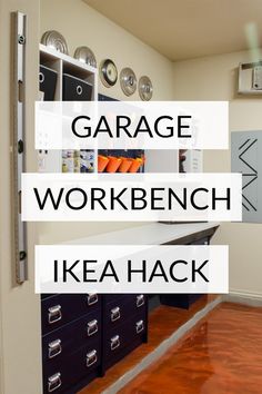 garage workbench with ikea hack in the middle and storage bins below