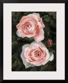 three pink roses with green leaves in a black frame