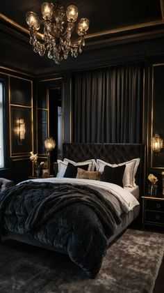 a luxurious bedroom with black walls and gold accents