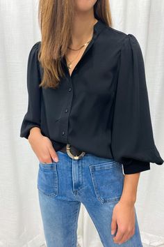 The Liliana Blouse is a basic, simple shirt with a full length balloon sleeve which looks luxe on. Simple but a little bit fancy. x x

Lovely Kym's an 8 wearing an 8 and is 175cm tall. Tops With Jeans, Black Blouse Women, Casual Summer Tops, Simple Shirts, Wear To Work, Skirt Leggings, Knit Jacket, Waist Length, Knit Jumper