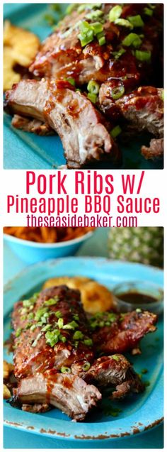 pork ribs with pineapple bbq sauce on a blue plate