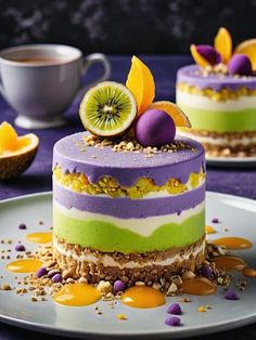 two cakes decorated with fruit and nuts on a plate