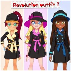 three cartoon girls wearing hats and dresses with the caption revolution outfit i written on them