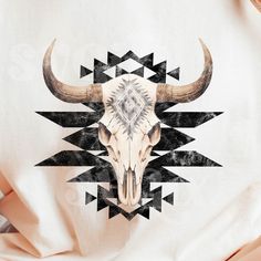 a bull's skull with long horns on a white t - shirt that has geometric designs