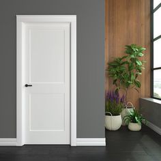 an open door in a room with potted plants on the floor next to it