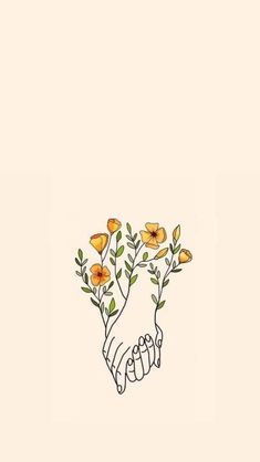 a drawing of two hands holding flowers