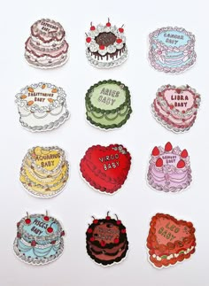 twelve birthday cake shaped stickers on a white surface with the words happy birthday written in different languages