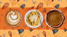 three different types of food and drinks on an orange tablecloth with autumn leaves in the background