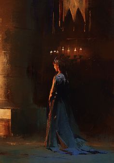 a painting of a woman standing in front of a building with candles on the wall