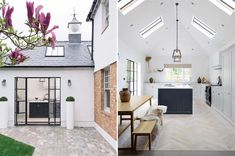 an open kitchen and living room are shown in two different pictures, one is white the other is black