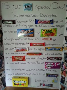 a sign with candy bars on it that says to our special dad