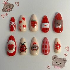 Christmas Nails Different Colors, Embroidery Nail Art, Red Apple Nails, Cute Simple Nail Designs Acrylics, Easy Red Nails, Veggie Nails, Each Nail Different Design, Vegetable Nails, Nail Sets Ideas