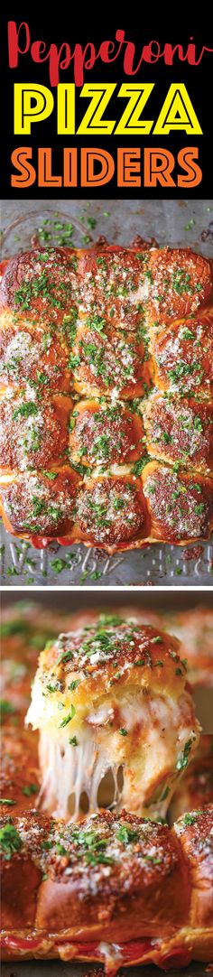 pizza sliders with melted cheese and parmesan cheese on top, then topped with pepperoni