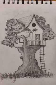 a drawing of a tree house with a ladder to the roof