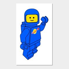 a blue lego man with an orange and yellow object on his chest, standing in front of