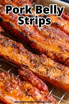 pork belly strips on a baking rack with text overlay