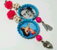 a bottle cap with a picture of a woman on it and skulls in the background