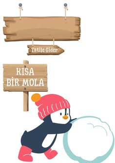 a penguin with a pink hat is standing in front of a sign that says risa bir mola