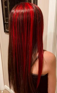 Bright Red Streaks In Brown Hair, Red Highlights On Blonde Hair, Red Hair With Lowlights Dark, Red Chunky Highlights In Brown Hair, Bright Red Highlights In Brown Hair, Red Ends On Brown Hair, Haircolor Idea 2024, Cherry Red Highlights In Brown Hair, Red Chunky Highlights