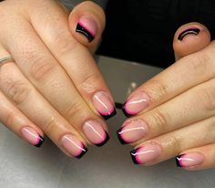 Black And Pink French Tip Nails Square, Double Nails Design, Coloured Nail Tips French, Different Kinds Of French Tip Nails, French Tip 2024, Black Pink French Tip Nails, French Tip Double Line, Colour Tip Nails French, Pink And Black Nails French Tips